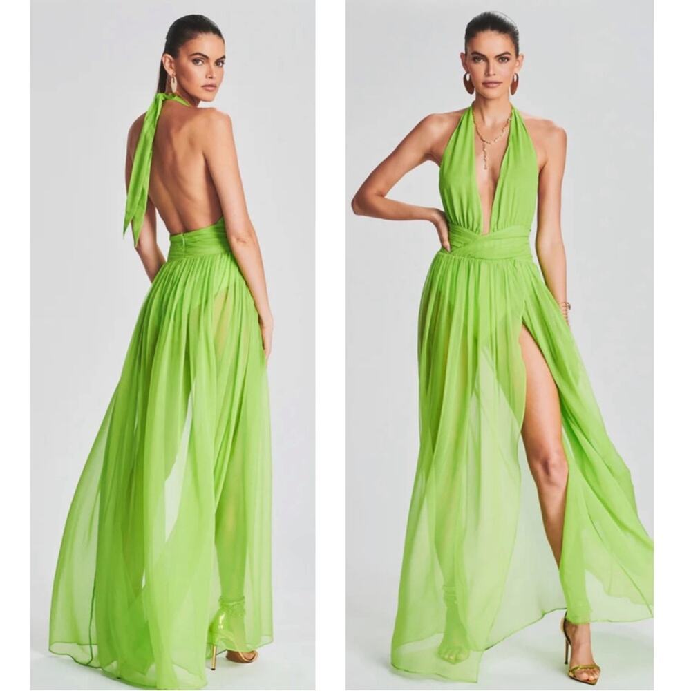RETROFETE Zion Silk Chiffon Sheer Halterneck Lime Green Maxi Dress Size XS